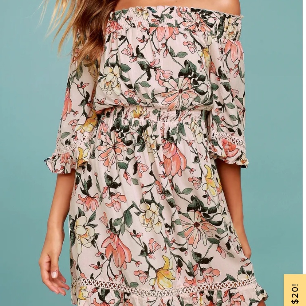 Lulus Pink Floral Off the Shoulder Dress